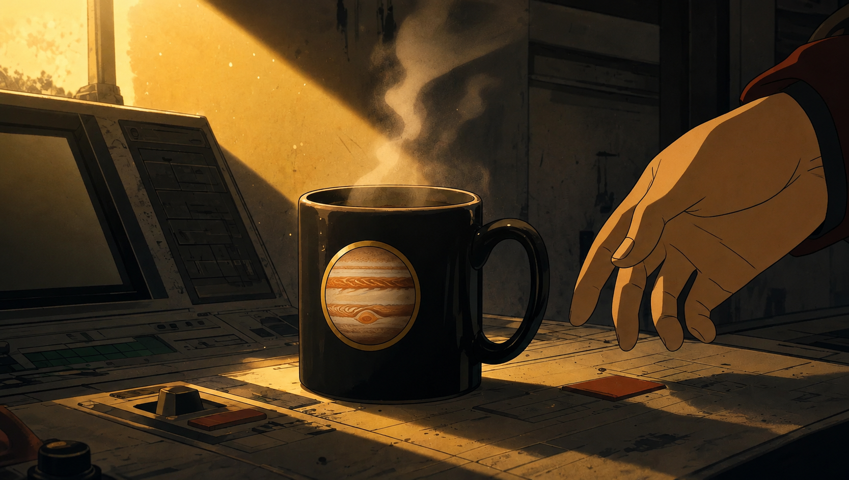 A steaming mug branded with the Jupiter logo resting on a spacecraft control panel
